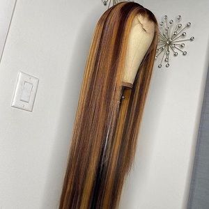 brown highlighted Human Virgin Hair Pre Plucked Lace Front Wig
